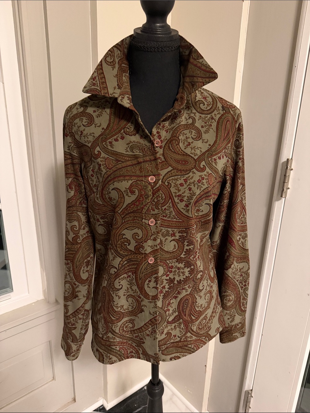Talbots Petite Paisley Button Front Blouse Y2K 90s Earth Tone P